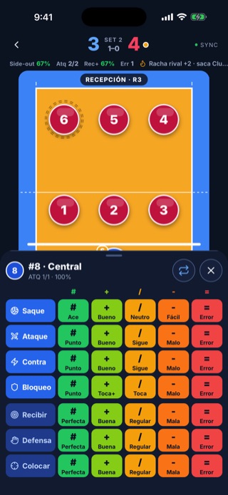 VolleyStats en un iPhone: la matriz de fundamento y calidad abierta para la central #8.
