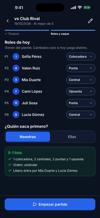 El paso de roles del armado del partido con el chequeo de 5-1 listo.
